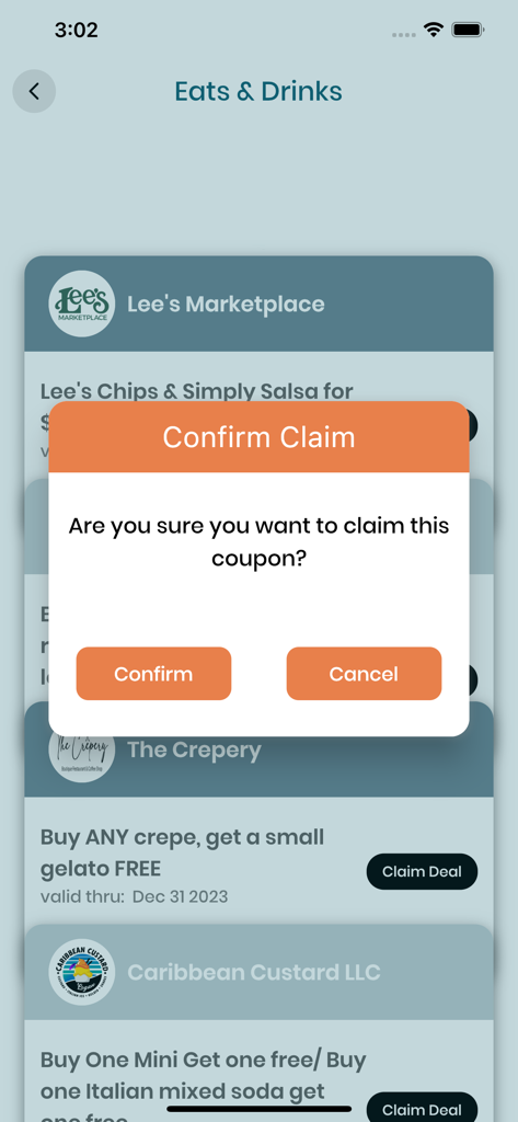 The Best of Logan - Tela do aplicativo móvel mostrando um pop-up de confirmação para resgatar uma oferta de negócio local em Logan Utah.