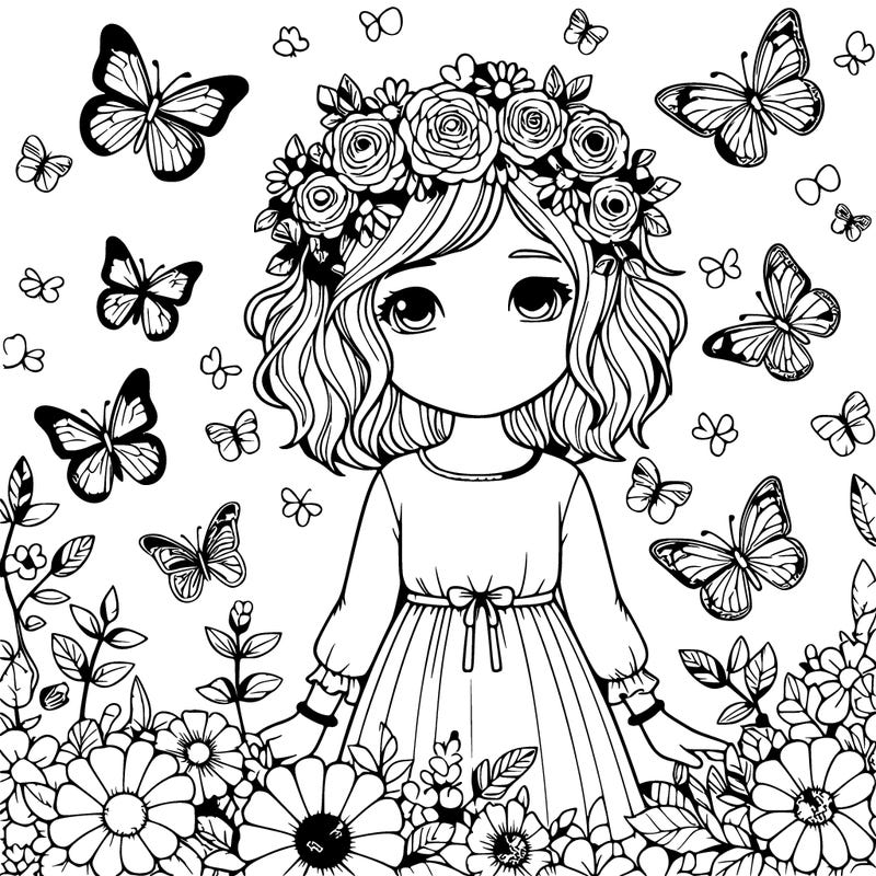 realistic girl surrounded by flowers and butterflies