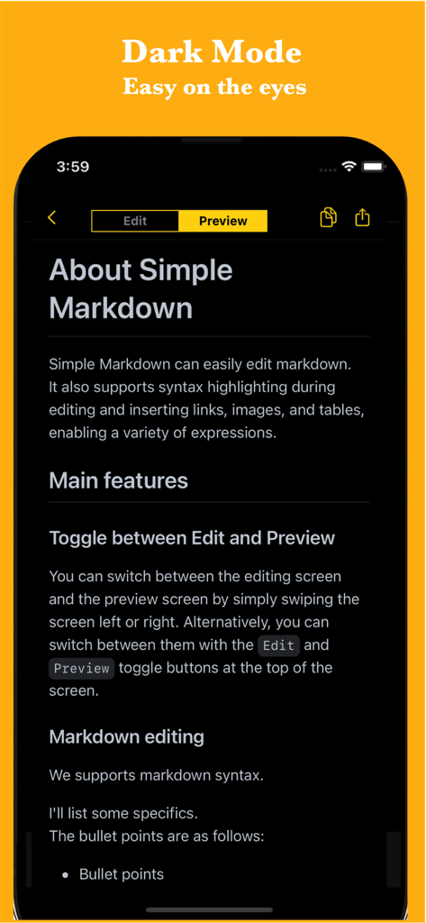 Simple Markdown Editor - Simple Markdown Editor mobile interface showcasing its dark mode theme and document preview