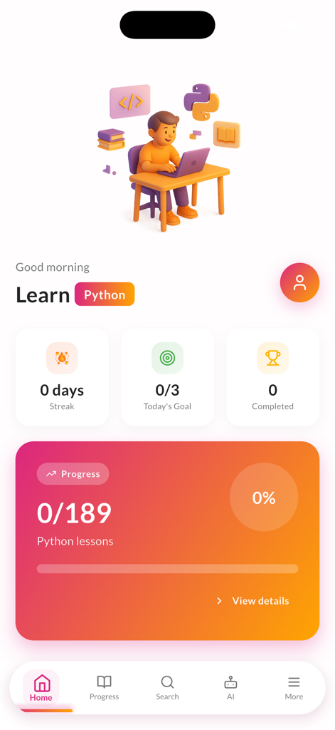 Learn Python Coding with AI - Dashboard of the Learn Python Coding with AI app showing progress tracking and daily learning goals