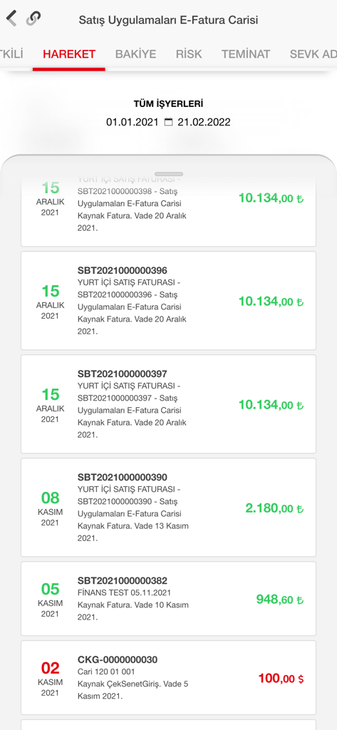 LioX - Mobile dashboard of LioX ERP app displaying a list of business transactions and invoices