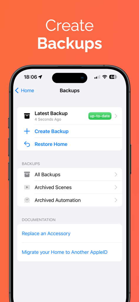 Backup and restore management screen in the Controller for HomeKit app.