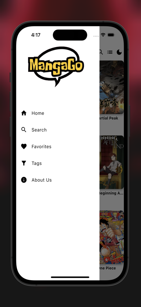 MangaGo - Ultimate Manga App - Sidebar navigation menu of the MangaGo app on an iPhone showing categories like Home and Favorites