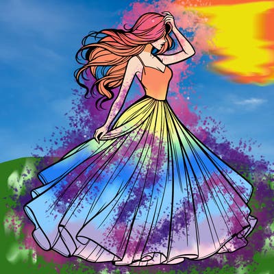 realistic woman with dress flowing in the wind