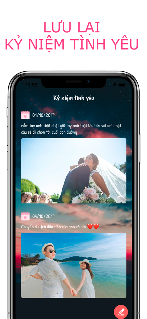 Been Love Memory -Love Counter - Been Love Memory app screen showing a timeline of saved relationship memories and photos.