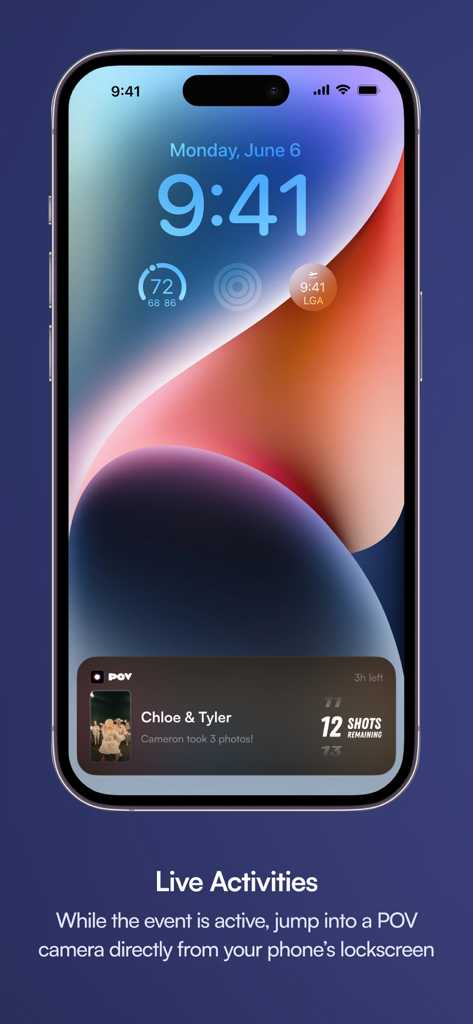 iPhone lock screen with POV app live activity showing event status and shots remaining