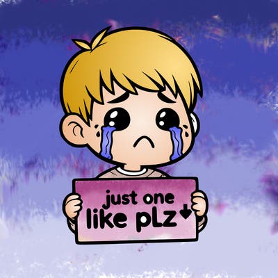 realistic crying boy with a sign saying just one like plz
