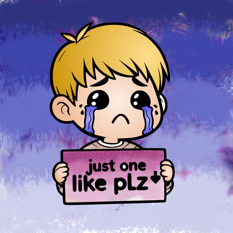 realistic crying boy with a sign saying just one like plz