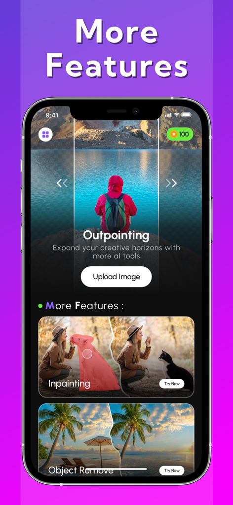 AI Expandモバイルアプリのインターフェース。アウトペインティングやインペインティングなどの写真編集機能が表示されています。