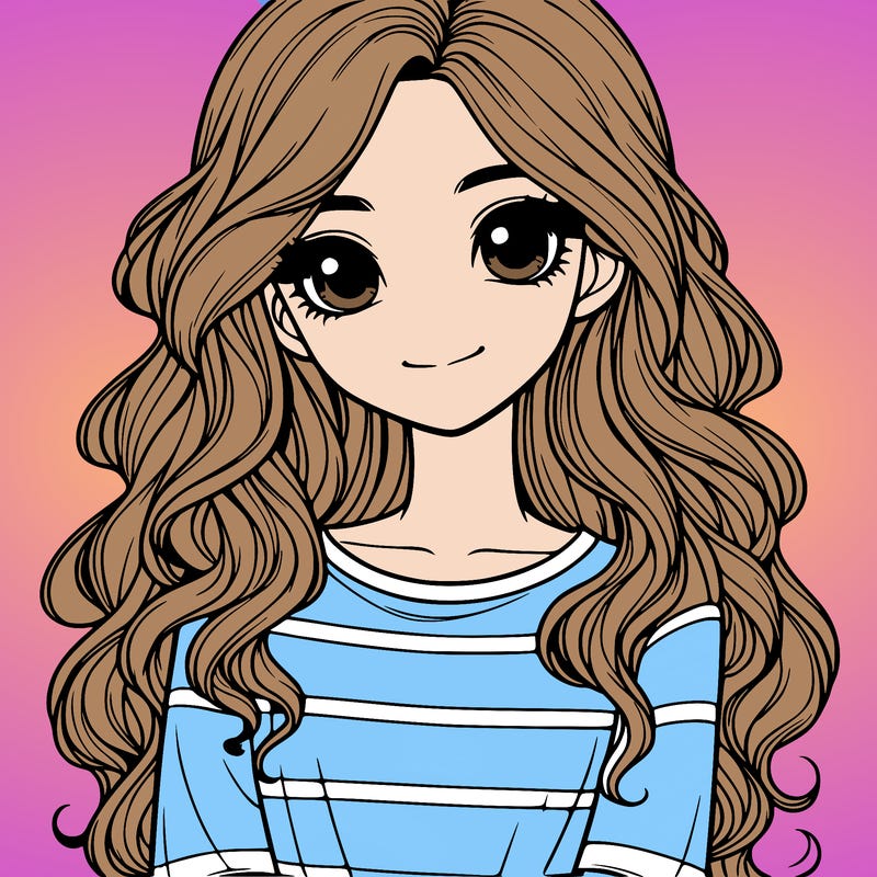 realistic girl with long, wavy hair and cute shirt
