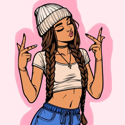 realistic teenage girl with braids and a beanie and crop top doing 🫶🏼