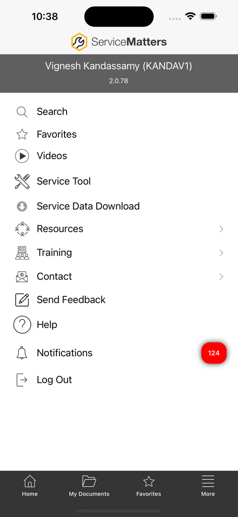 ServiceMatters - ServiceMatters app navigation menu showing options for technician resources search and training