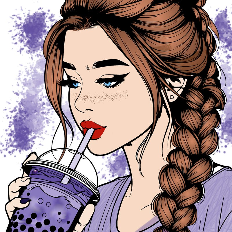 realistic girl drinking boba tea with braided hair