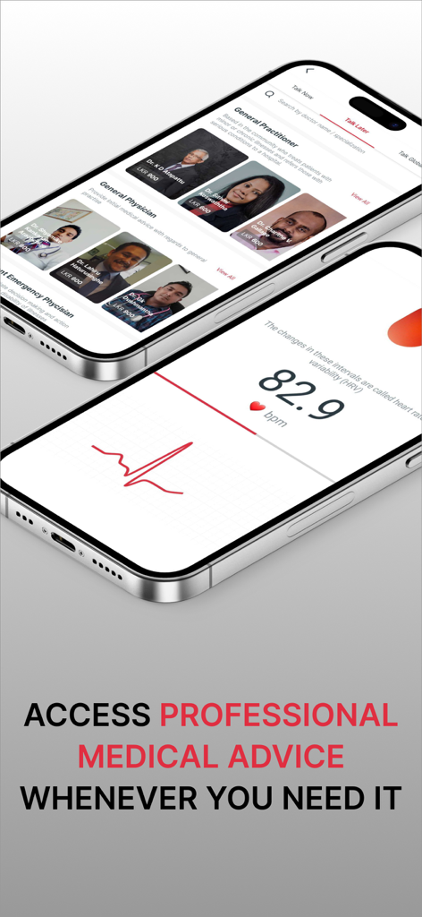 Flash Health - Smartphone screens displaying a directory of doctors and a live heart rate monitor from the Flash Health app
