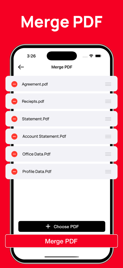 モバイルデバイスで複数のPDFファイルを結合する方法を示すインターフェイス