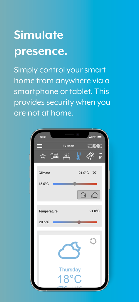 Smart Visu Server - プロフェッショナルスマートホームシステムの空調と温度コントロールが表示されたJUNG Smart Visu Serverアプリのスマートフォンインターフェース