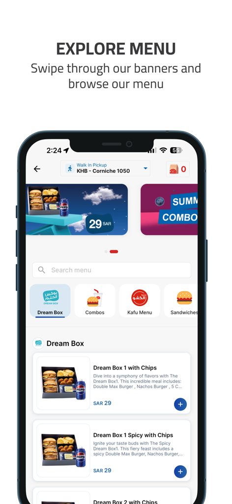 Herfy App - Interface of the Herfy App's explore menu showing food banners and combo meal options