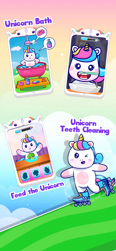 Baby Unicorn Phone For Kids 2+ - Capturas de pantalla de la aplicación que muestran actividades de baño, limpieza de dientes y alimentación de unicornios bebé para niños