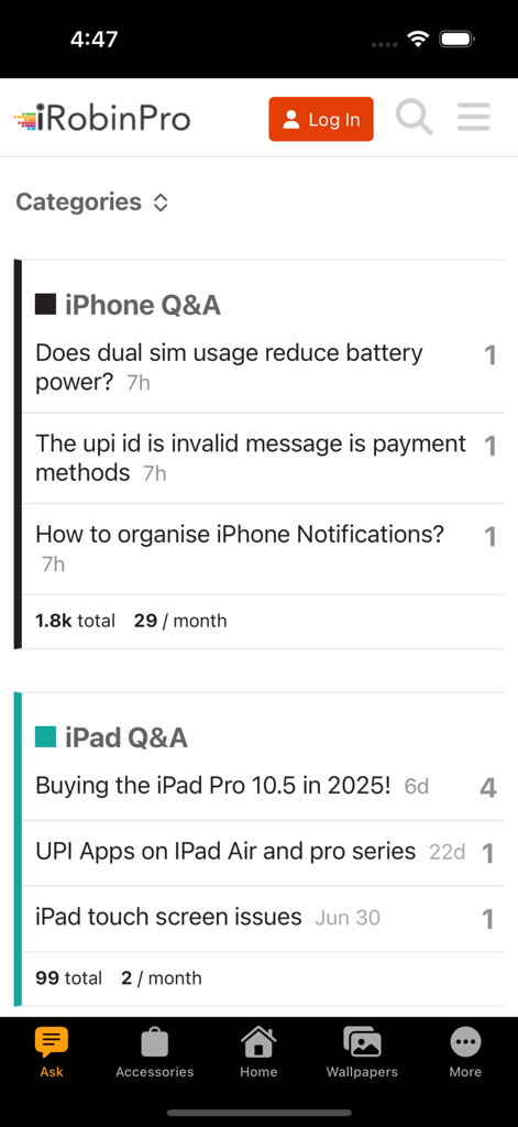 iRobinPro - Screenshot of iRobinPro app showing iPhone and iPad question and answer sections.