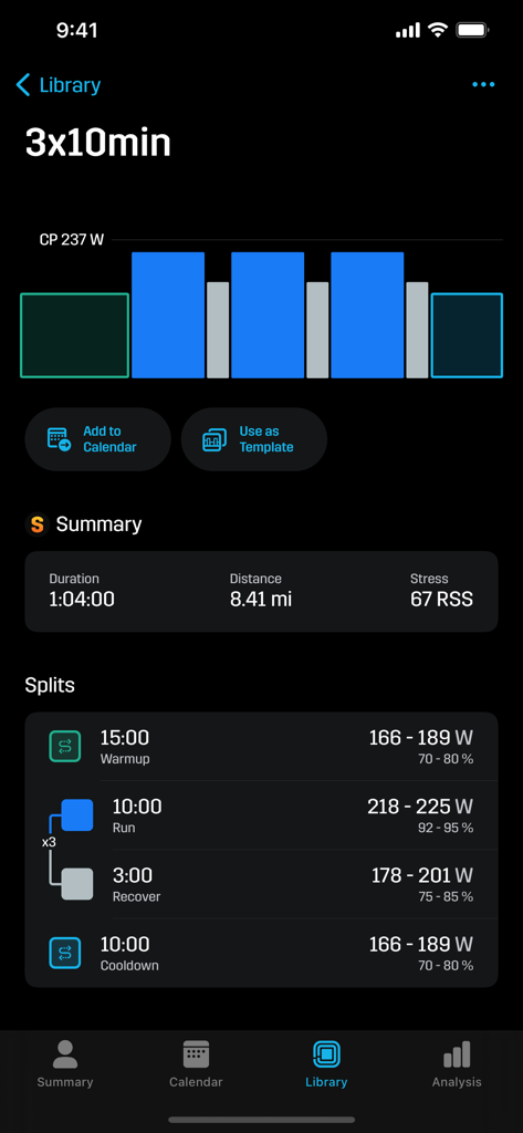 Strydアプリのスクリーンショット。特定のパワーワット数ターゲットとランニングセグメントの詳細を含むインターバルワークアウトプランが表示されています。