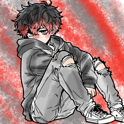a male hoddie ripped jeans messy hair anime