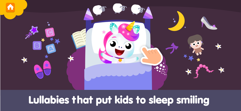 Kids Piano Fun: Music Games - A cartoon unicorn lying in bed in a nighttime scene with the text lullabies that put kids to sleep smiling