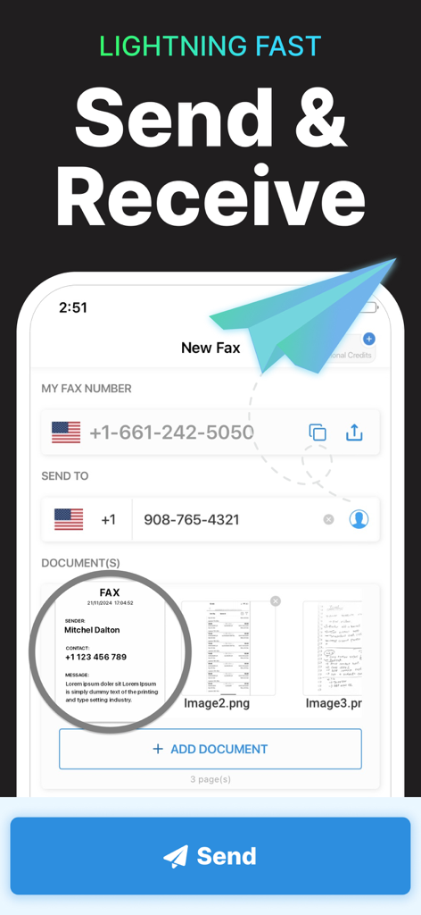 Interface of the Fax app on iPhone showing fields to send and receive digital faxes