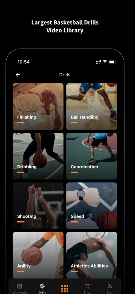 SpotBasket Basketball Training - SpotBasket app interface showcasing basketball drill categories like ball handling and shooting.