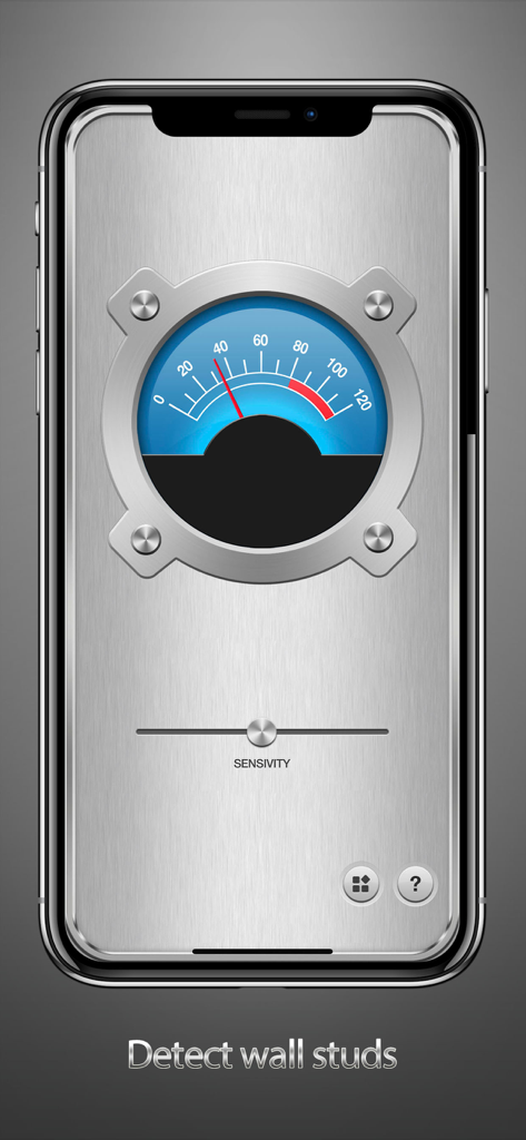 Stud Finder® - Pantalla de iPhone mostrando la interfaz de la aplicación Stud Finder con un medidor de detección de metales y un deslizador de sensibilidad