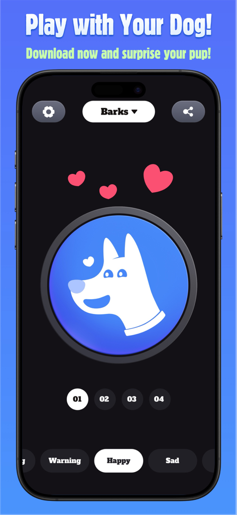 Dog Barking App interface displaying the happy bark sound selection with a playful dog graphic