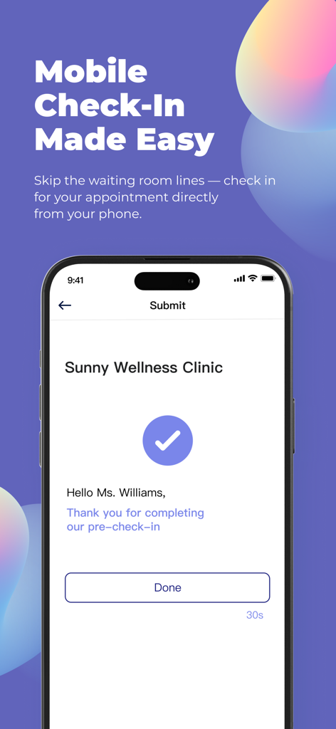 Pantalla de confirmación de check-in móvil en MyCare App para una cita médica.