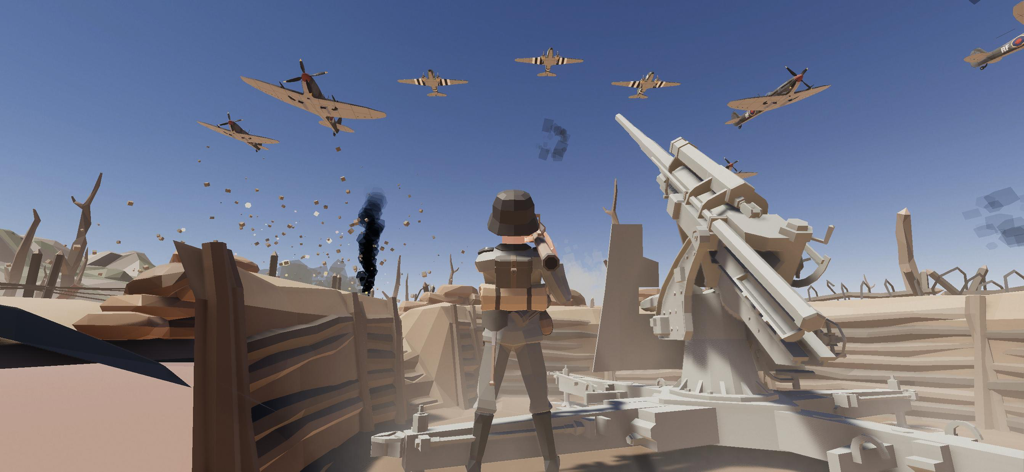 World War II Polygon Army - Soldado de baja poligonización en una trinchera con un cañón antiaéreo mirando aviones volando sobre su cabeza en la Segunda Guerra Mundial.