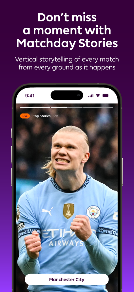 Premier League app Matchday Stories vertical video featuring Erling Haaland