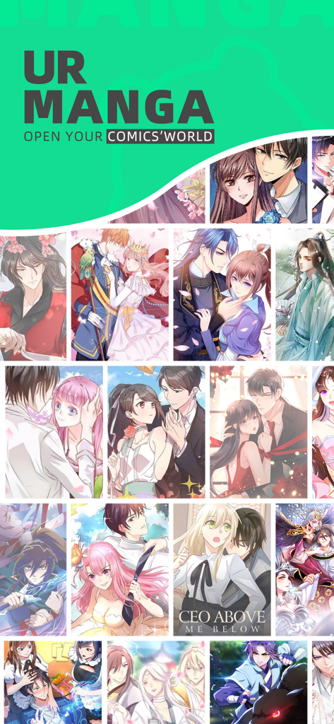 Un collage de coloridas portadas de manhua de romance y fantasía en la aplicación UR MANGA.