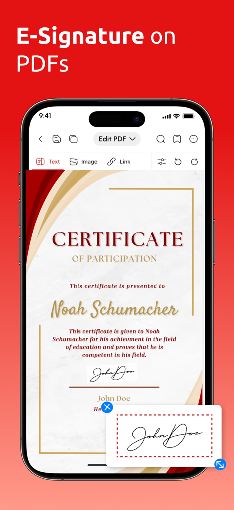 証明書上のA1 PDF Editorアプリの電子署名機能を示すスマートフォン