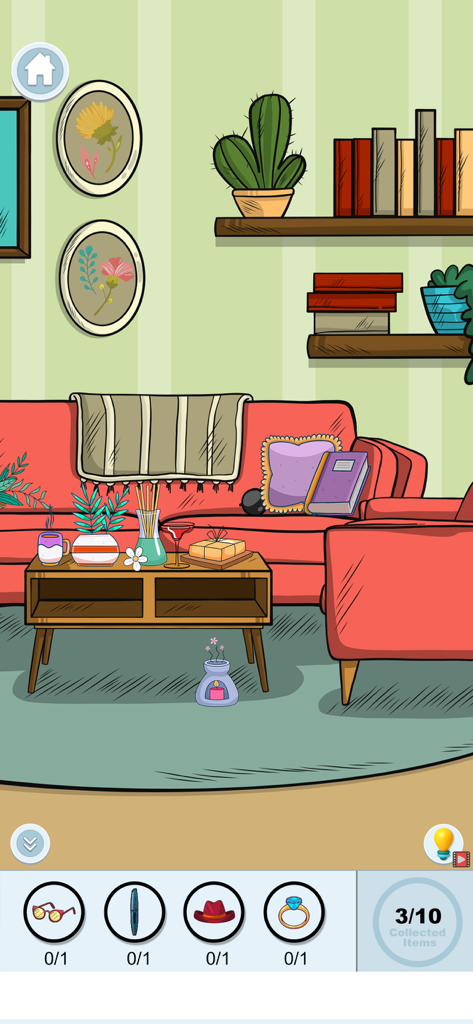 Infinite Zoom Art Game! - Uma cena de sala de estar desenhada à mão com um sofá vermelho e uma barra de pesquisa para objetos escondidos como óculos e um chapéu.