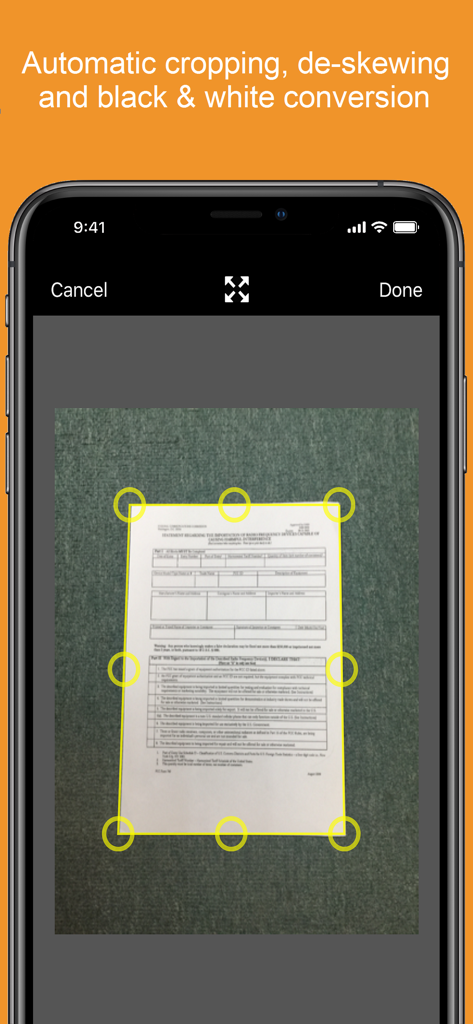 Snapfax mobile app demonstrating automatic document edge detection and cropping for fax scanning