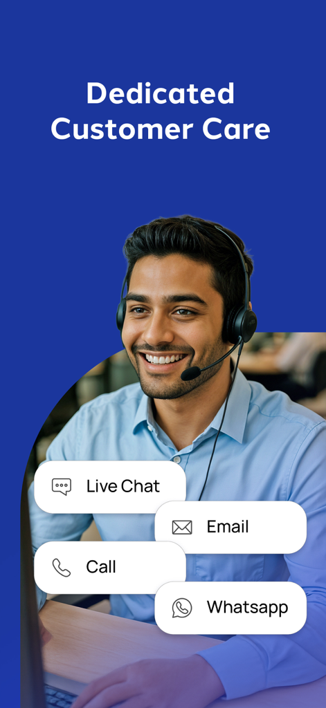 Lulu Money app dedicated customer care screen showing support options for live chat email call and WhatsApp