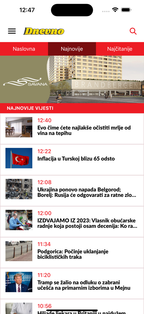 Dnevno.me mobile app interface showing a list of recent news articles in Montenegrin covering local and international topics