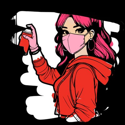 realistic girl with mask spray painting a wall