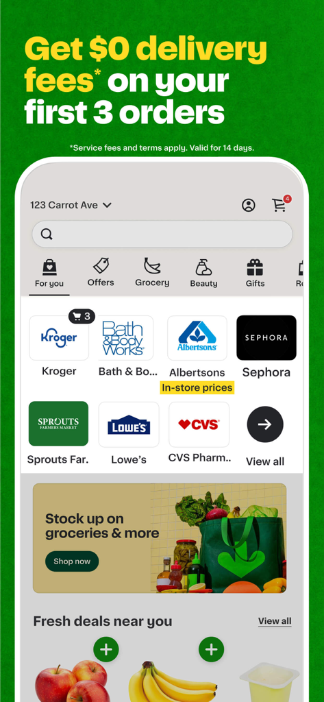 Instacart app screen showing a zero dollar delivery fee promotion and various retail store logos