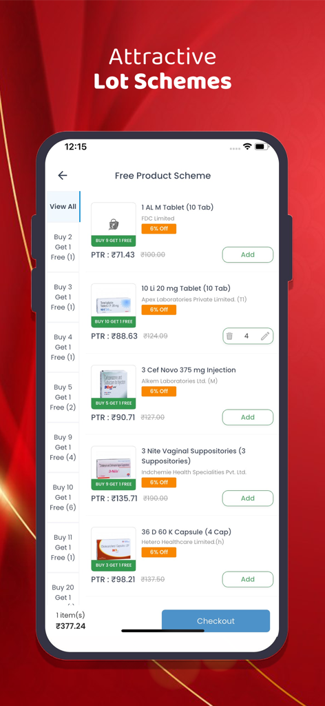 RetailerShakti app screen showing wholesale medicine lot schemes and free product offers for independent pharmacies.