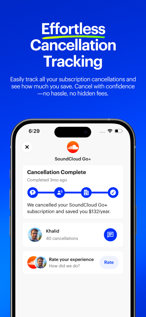 Mobile app screen showing a successful subscription cancellation for SoundCloud and estimated annual savings