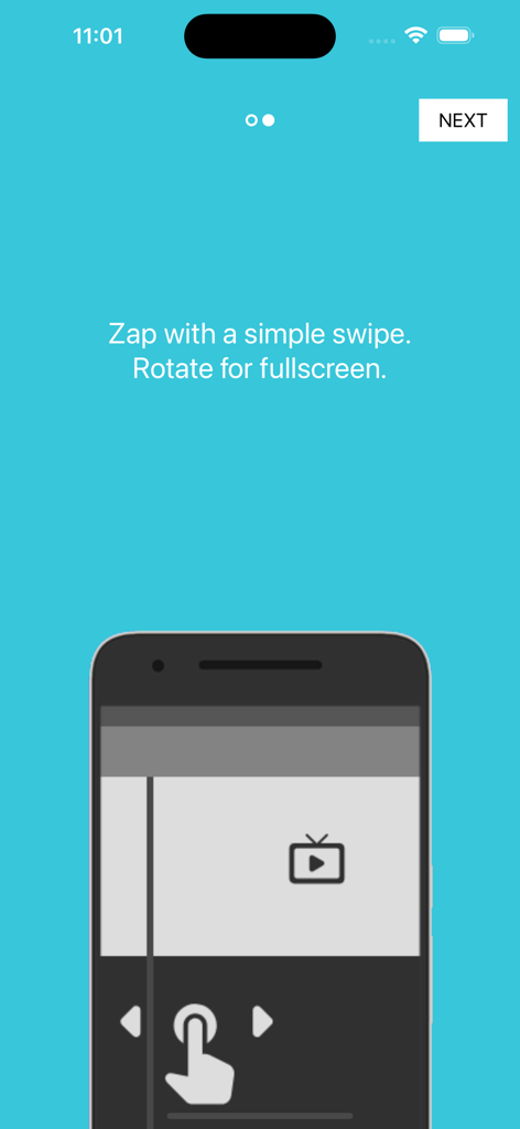 Onboarding screen of the Globecast TV Everywhere app explaining swipe and rotate gestures for video navigation