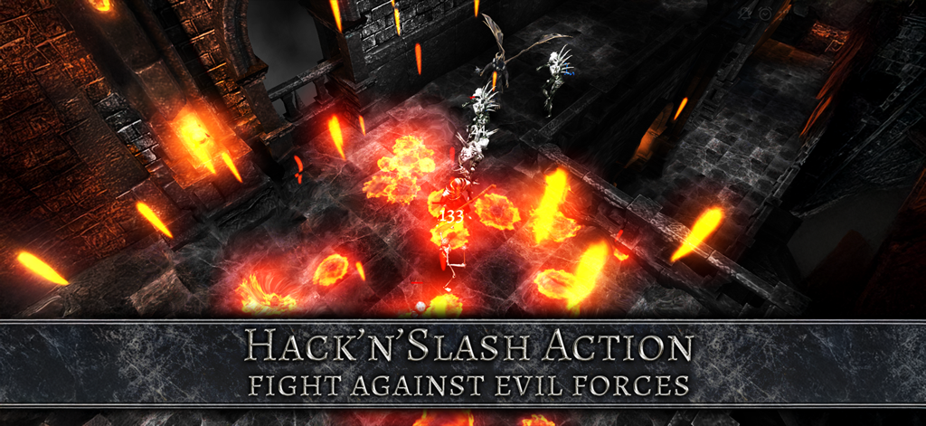 AnimA ARPG (Action RPG) - モバイルゲームAnimA ARPGのダークファンタジーダンジョンで、敵対勢力とハック＆スラッシュ戦闘を行う様子