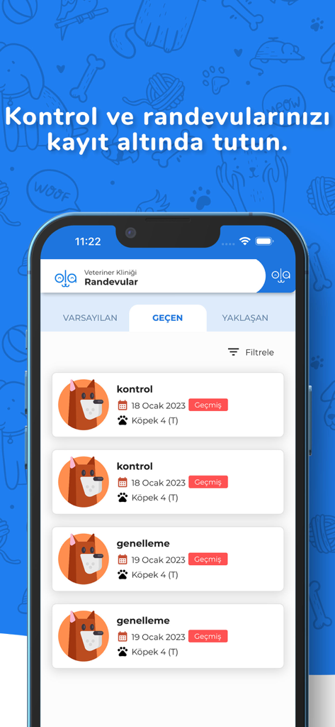 Kolayvet - A mobile screen from the Kolayvet app showing a list of past veterinary appointments and checkups for a pet dog.
