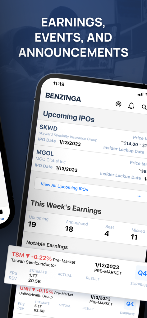 Benzinga mobile app showing upcoming IPO list and weekly earnings performance data