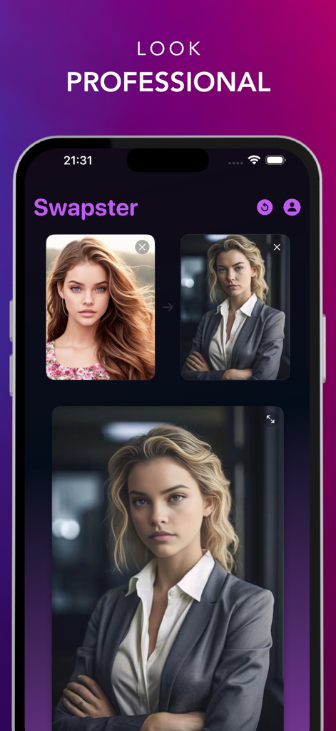 Face Swapster app interface showing a woman's face swapped into a professional business suit