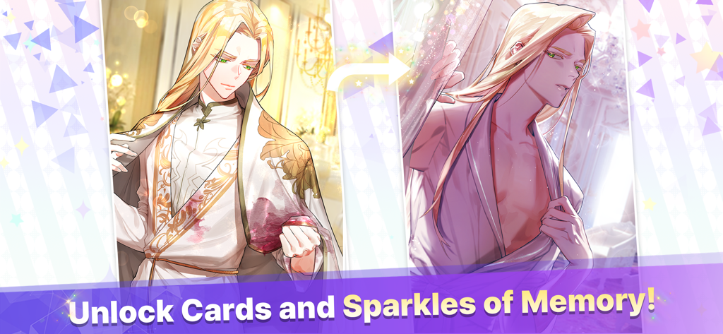 Arcana Twilight : Anime game - Two anime illustrations of a blond male character from Arcana Twilight showcasing the card unlocking feature