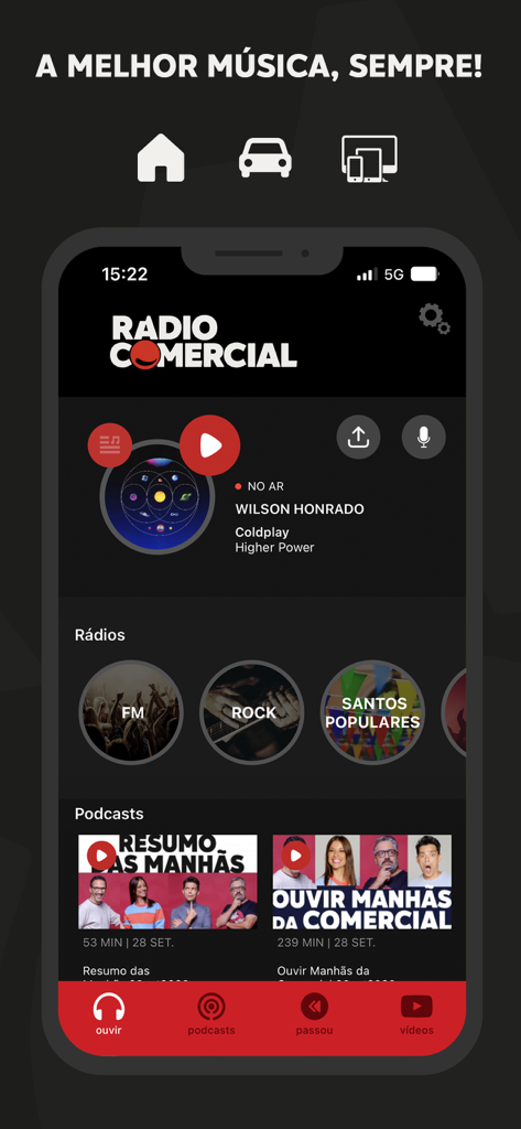 Radio Comercial - Mobile Benutzeroberfläche der Radio Comercial App mit Musikplayer, Radiokategorien und Podcasts